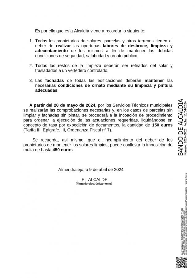 Bando relativo a la limpieza de parcelas y adecentamiento de fachadas